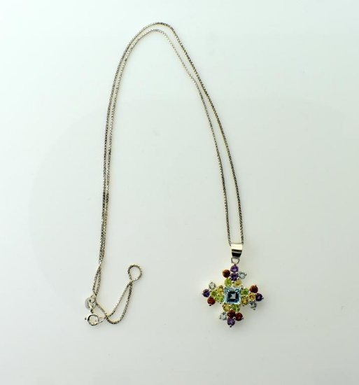Sterling Silver 20” Chain Necklace with Blue Topaz, Amethyst, Citrine & Peridot Pendant
