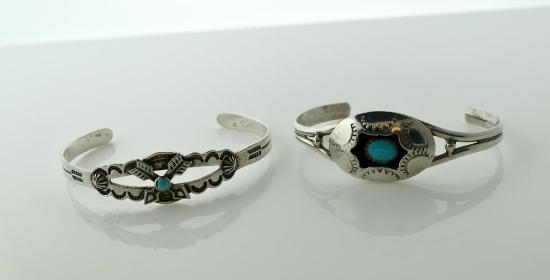 Two Native American Sterling Silver and Turquoise Cuff Bracelets