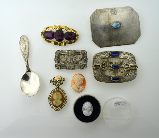 Lot of Antique or Vintage Costume Brooches, Cameos and A SP Spoon