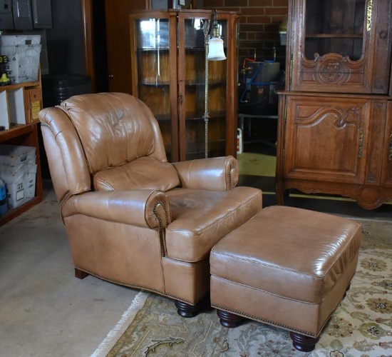 Norwalk Furniture Handcrafted Camel Colored Leather Upholstered Chair with Ottoman, USA