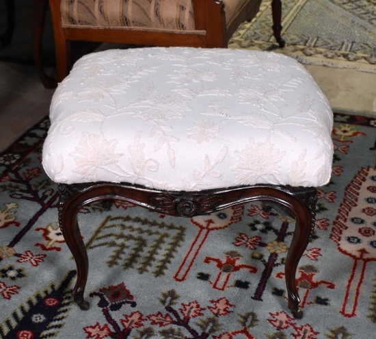 Antique Carved Rosewood Footstool, White Embroidery Upholstered Seat, Brass Caster Feet
