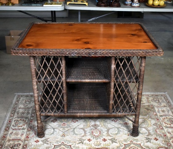 Antique Rattan Wicker Center or Library Table with Knotty Pine Top