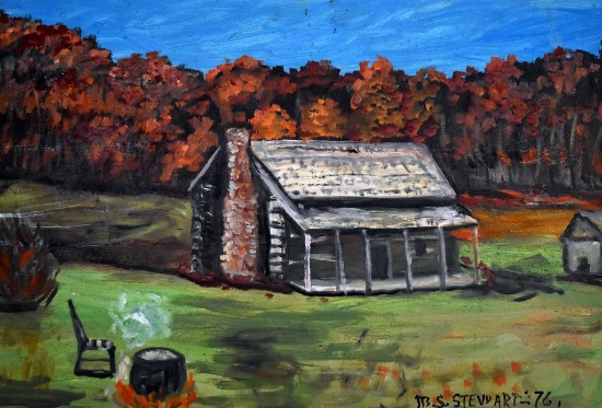 M.S. Stewart (XX-XXI) Primitive Cabin, 1976, Folk Art Painting on Board, Signed /Dated Lower Right