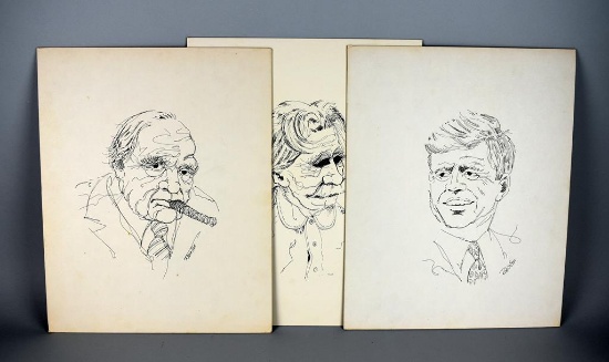 Three Line Drawing Portraits Signed “Robinson”: Subjects JF Kennedy, Einstein and One Other