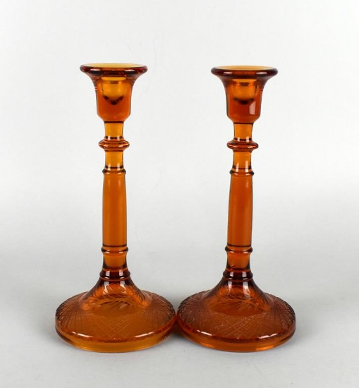 Pair Amber Candlestick Holders with Etched Bases