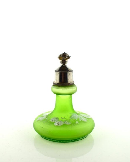 Antique Hand Painted Enamel on Green Glass Perfume Bottle