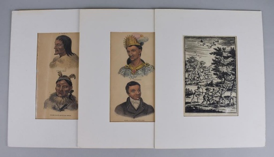 Three Antiquarian Copper or Steel Plate Engravings, Two Hand Tinted, Native American Themes