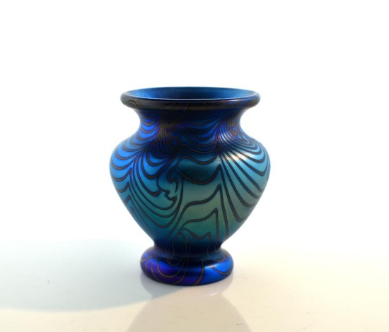 Orient & Flume Blue King-Tut Pattern Miniature Vase 1976 July 15M with Original Box, USA