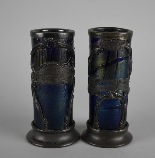 Pair Antique 1904 St. Louis World's Fair Loetz / Pallme-Koenig Glass Tumblers w/ Silver Plate Mounts