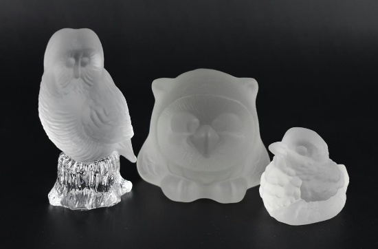 Three Frosted Glass Bird Figure Paperweights: Nybro, Goebel, & Other
