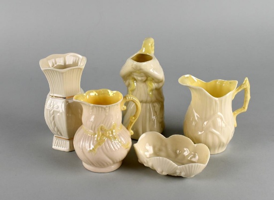 Five Belleek Porcelain Pieces: Vase, Creamers, & Small Bowl, Ireland