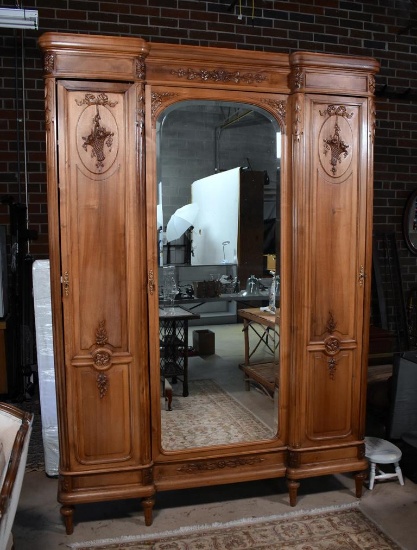 Tall Antique French Hand Made Walnut Wardrobe with Flower Basket Motif and Beveled Mirror Door
