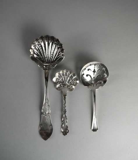 Lot of Three Fancy Pierced Sterling/Coin Silver Serving Spoons: Bryant, Durgin, & Other