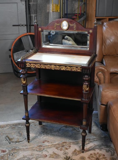 Victorian Empire Revival Etagere with Marble Top & Beveled Mirror