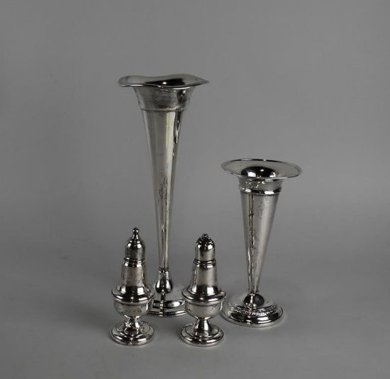 Lot of Four Weighted Sterling Silver Pieces: Two Crown Trumpet Vases & Two Shakers