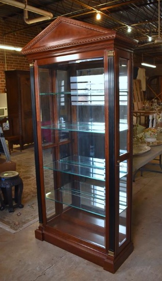 Lighted Jasper Cabinet Co. Mahogany Curio Cabinet with Glass Shelving, Mirrored Back
