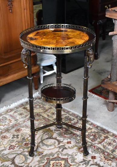 Campaign Style Leather Trimmed Round Side Table with Elephant Ornaments