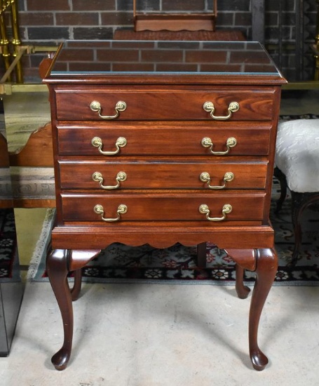 Cherry Queen Anne Style Four-Drawer Silver Chest with Protective Glass Top