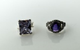 Two Sterling Silver and Amethyst Rings, Size 6 (Square) & Size 10 (Oval)