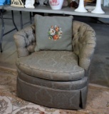 Green-Gray Damask Upholstered Tufted-Back Club Chair with Pillow (Lots 234 & 235 Match)
