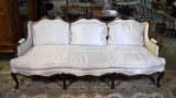 French Louis XV Style Carved Walnut Wingback Sofa/Divan with Like New Neutral Upholstery