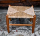 Rustic Hardwood Footstool with Rush Woven Seat