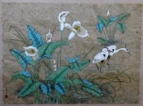 Asian Mulberry Paper Painting of Lilies & Cranes