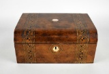 Victorian Tunbridge Ware Marquetry Writing Slope Box, Yew Burl Wood & Key, Circa 1870
