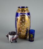 Lot of Three Art Glass Pieces: Bohemian Cobalt Vase, Pre 9/11 NY Skyline Shot Glass, & Sowerby Sugar