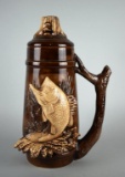 Vintage Large Lidded Brown Tankard with Fish Motif