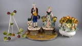 Lot of Five French Country Style Decor: Figurines, Easel, Capodimonte Style Arrangement, & Trivet