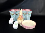 Lot of Fives Pastels Decor: Two Italian Planters, Two Italian Egg Cups, Figural Bunny/Basket Dish