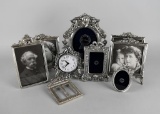 Lot of Eight Mostly Pewter Boudoir Decorative Frames & One Clock