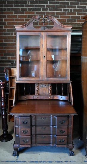 Vintage Mahogany Chippendale Block Front Secretary Desk with Hutch, Ball and Claw Feet