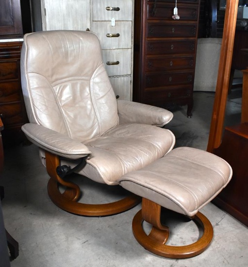 Ekornes Stressless Cream Leather Chair with Ottoman, Norway