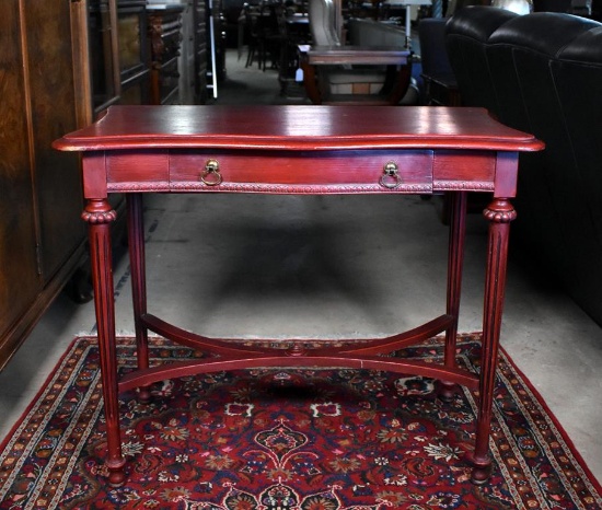 Regency Reeded Leg, X-Stretcher Console Table, Red Stain Finish, Single Drawer