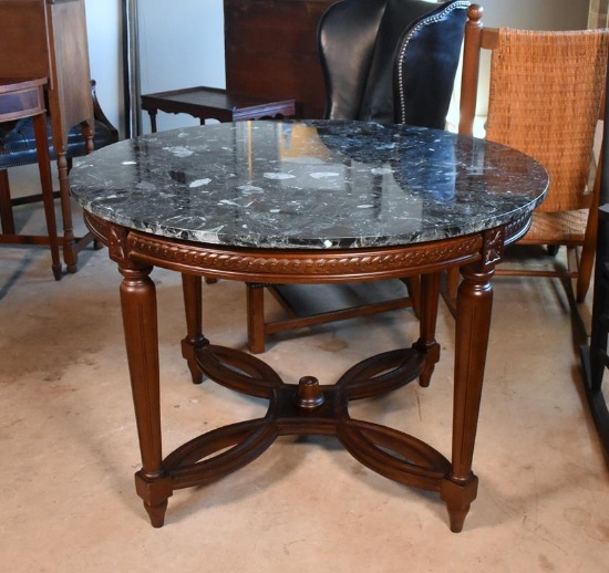 Round Stone Top Library or Center Table with Walnut Stained Base