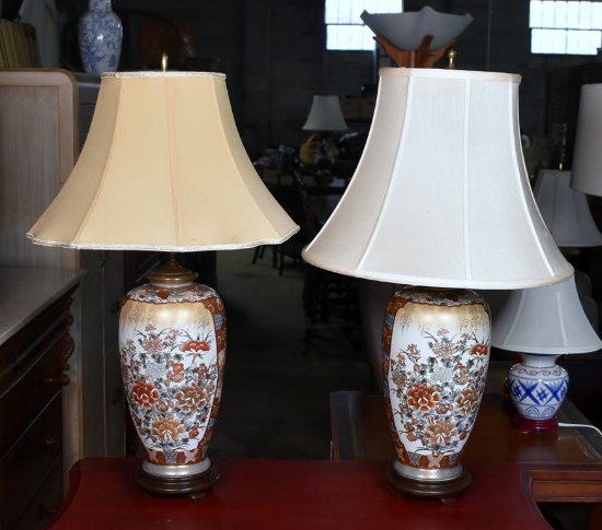 Pair of Asian Style Orange, Cream, & Blue Porcelain Table Lamps