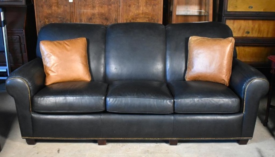 Fine Hancock & Moore Navy Leather Sofa with Brass Nailhead Trim & Two Tan Leather Accent Pillows