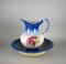 Blue & White Earthenware Pitcher & Bowl with Pink Roses