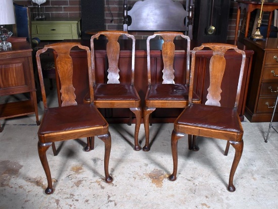 Antique English Oak Pub Chairs with Brown Leather Seats