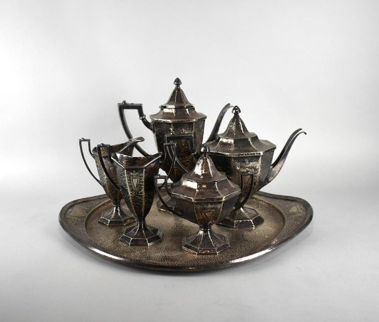 1847 Rogers Bros. “Heraldic” Arts & Crafts Hammered Metal Silver Plate Six-Piece Tea Set (No. 002121