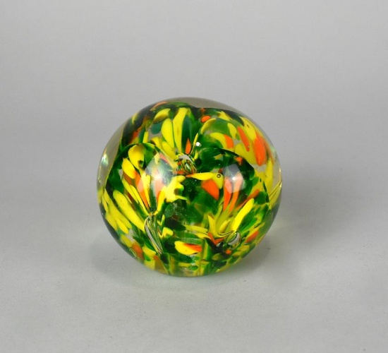 Art Glass Yellow, Green, Orange Spherical Paper Weight