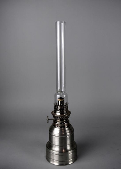 Atelier B. Chaudron Etain Pewter Hurricane Lamp with Narrow Glass Chimney, Canada