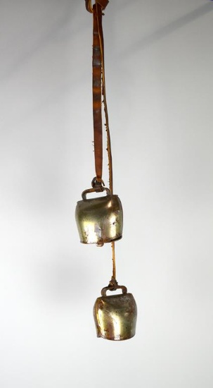 Pair of Firmann Brass Bells Hung on Leather Strap, Switzerland