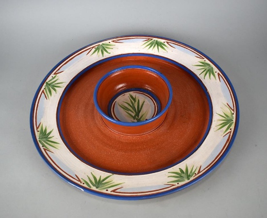 Large 17” Round Red Ware Chip & Dip Dish