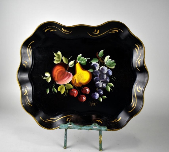 Hand-Painted Metal 17” Tray Signed “Van” with Brass Stand
