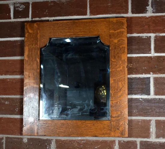 Small Antique Oak Beveled Glass Wall Mirror