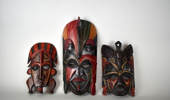 Three Handmade African Tribal Face Masks, Kenya