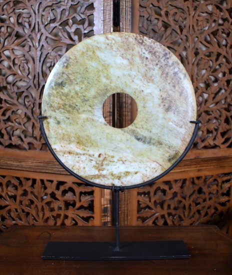 Chinese Jade Bi Disc on Metal Stand
